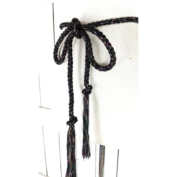Black colorful metallic thread long woven braided rope knotted tassel chord tie - Picture 5 of 5